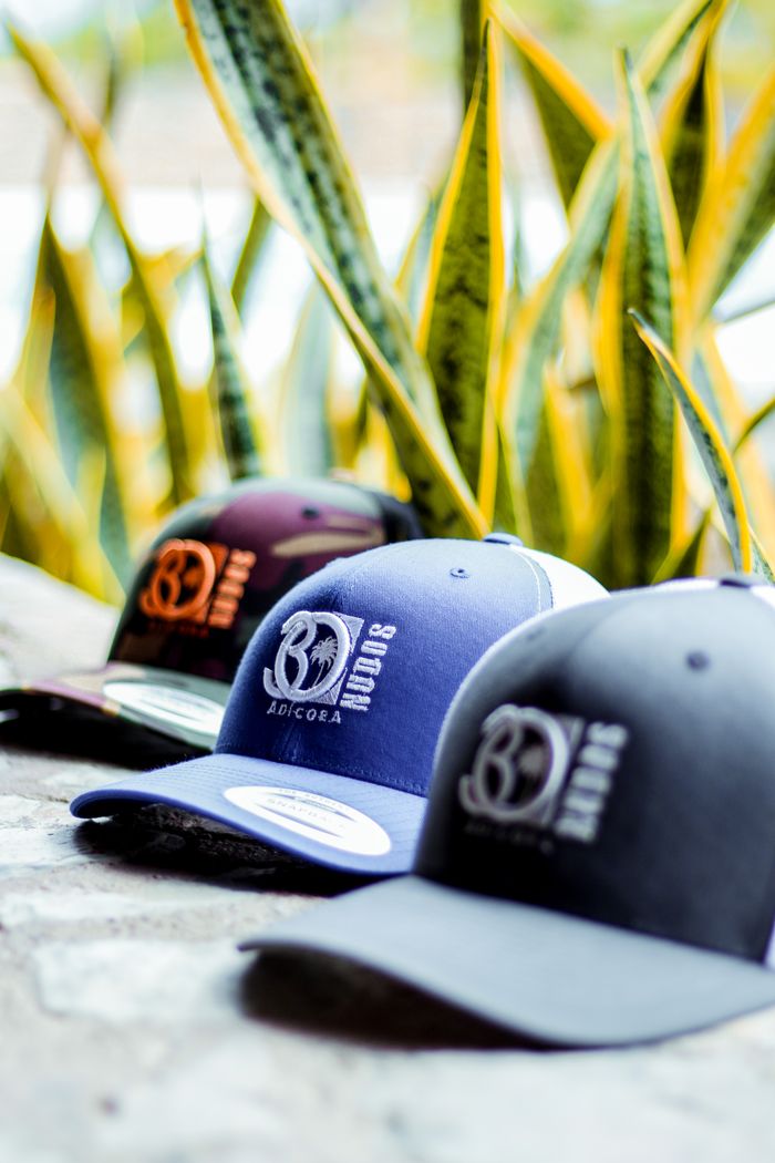 Three stylish baseball caps displayed against a backdrop of green plants, creating a vibrant scene.